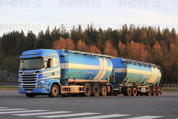 FORSSA, FINLAND, OCTOBER 17, 2015: Blue and white Scania R580 double tanker of E.Laurila Oy parked