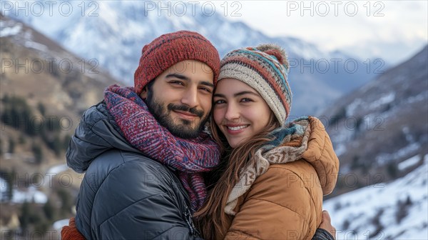 Couple embraced in a scenic mountain background, wearing warm attire, showcasing strong bond, AI
