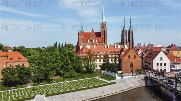 Aerial view of Wroclaw with Collegiate Church of the Holy Cross and Barthomew and Cathedral of St
