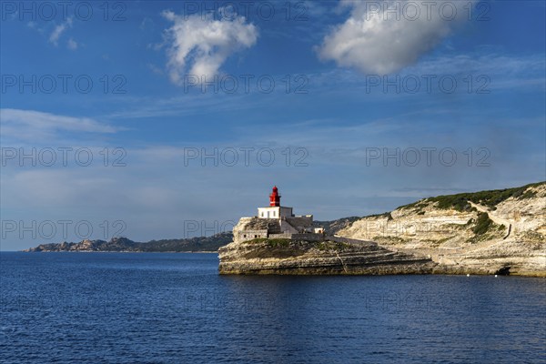 A view of the cliffs of Bonifacio and the Madonetta lighthouse at the harbor entrance