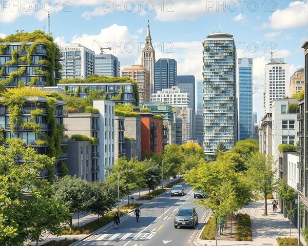 A modern city skyline with green roofs and vertical gardens on high-rise buildings. People walk or