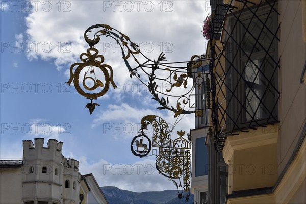 Historical notice boards from the Hotel Lamm in the old town of Sterzing, South Tyrol, Italy,
