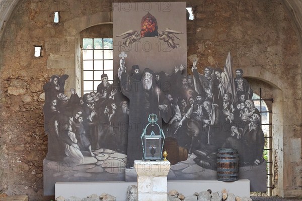 Powder magazine, figures, abbot gabriel, fighters, woman, memorial, Arkadi, Orthodox monastery,