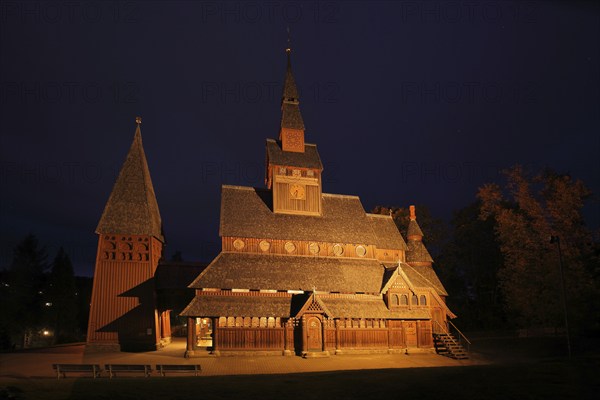 Night shot of the Gustav-Adolf-Stabkirche during blue hour, wooden church, twilight, Hahnenklee,