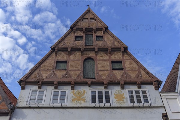Historic half-timbered gable, Lüneburg, Lower Saxony, Germany, Europe
