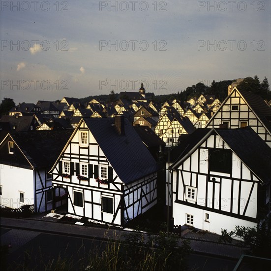 The picturesque town centre, here on 24.07.1991, of Freudenberg in the early morning, Germany,