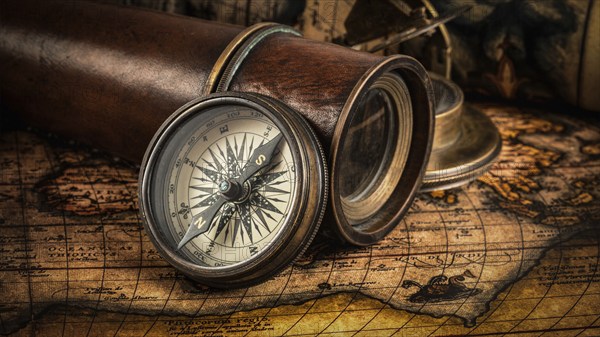 Travel geography navigation concept background, panorama of old vintage retro compass with sundial,