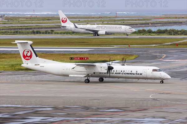 Aircraft of Ryukyu Air Commuter and Japan Transocean Air at Okinawa Airport (OKA) in Naha, Japan,
