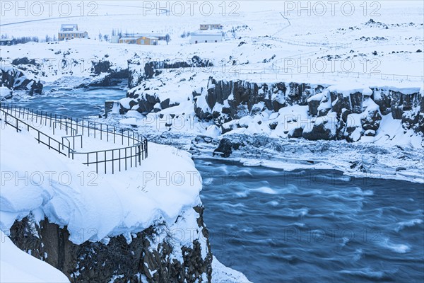Secured viewing platform above the river Skialfandaljot, near the waterfall Godafoss, Northern
