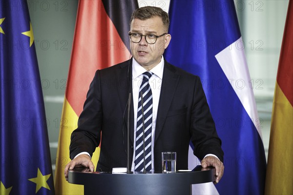 Petteri Orpo, Prime Minister of the Republic of Finland, photographed at a press conference after