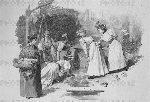 Frauen am Jungfernbrünnlein, Jungfrauenbrunnen, in the forest of Sievering near Vienna, 1880,