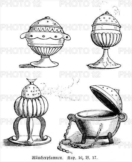 Incense pans, various, four pans, smoke, fuel, fire, incense, Old Testament, Genesis, Fourth Book