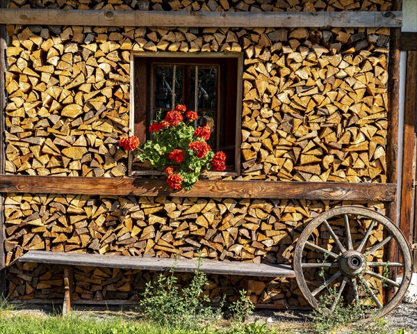 Wooden pile with flower deco, Going am Wilden Kaiser, Tyrol, Kufstein, Wilder Kaiser, Austria,