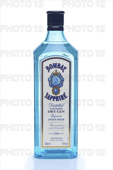 April 22, 2017, Belarus, Minsk, vertical photo of Bombay Sapphire bottle with shadow isolated on