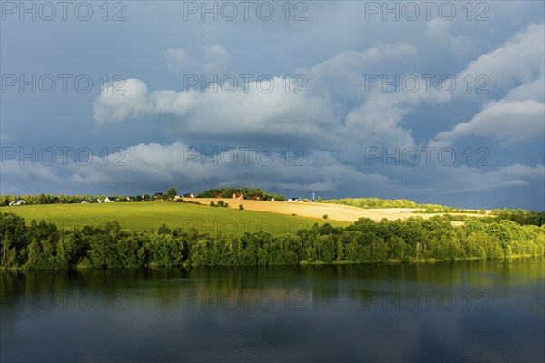 Rain clouds over the dam on a summer evening., Malter, Saxony, Germany, Europe