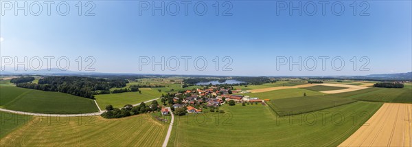Drone shot, Abtsdorfer See with village Abtsdorf, Rupertiwinkel, Upper Bavaria, Bavaria, Germany,