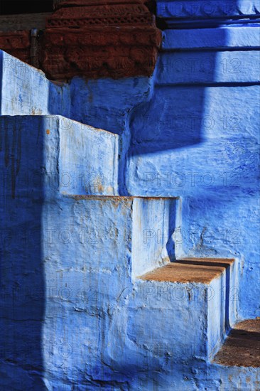 Stairs of blue painted house in Jodhpur, also known as Blue City due to the vivid blue-painted