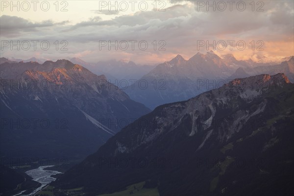 The Lech Valley near Reutte, Austria. Sunset over the Alps
