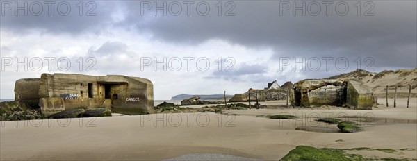 World War II concrete blockhouses on beach at Wissant, Nord-Pas de Calais, France, Europe