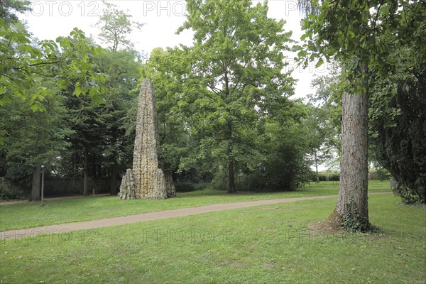 Obelisk as a pyramid in Verna Park Stadtpark, Rüsselsheim, Hesse, Germany, Europe