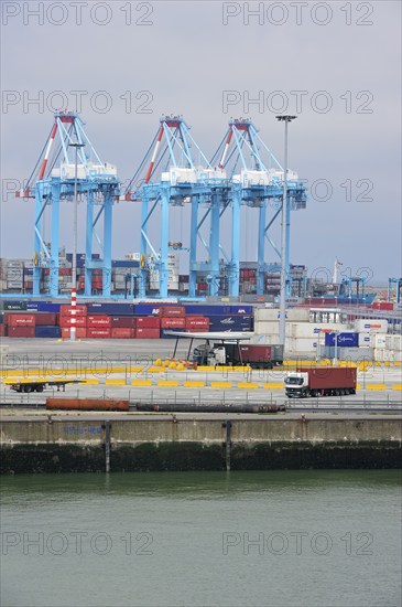 Container terminal cranes in the port of Zeebrugge, Belgium, Europe