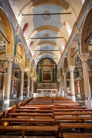Interior view of the Basilica of San Giorgio in Ano Syros, nave with benches and altar, Ano Syros,