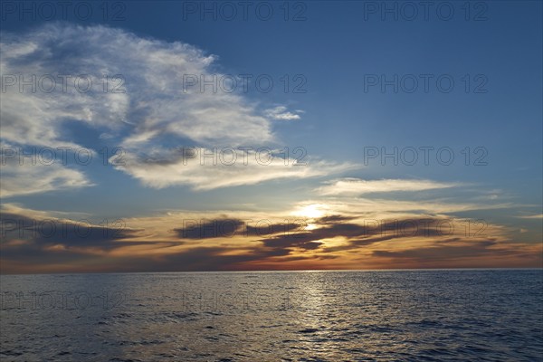 Sunset, dusk, grey clouds, white clouds, Marettimo, Egadi Islands, Sicily, Italy, Europe