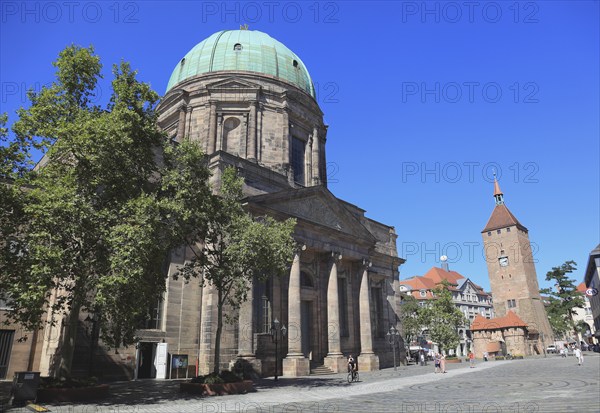 In the historic city centre of Nuremberg, parish church of St. Elisabeth and the White Tower,