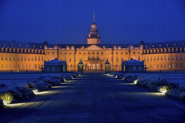 Karlsruhe castle with snow, front view, blue hour, Karlsruhe, Baden-Württemberg, Germany, Europe