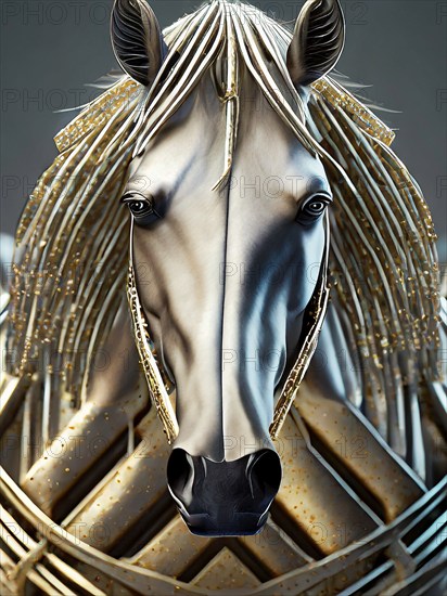 Horse, portrait as mystical mythical creature in golden and silver metallic 3D optics, fantasy