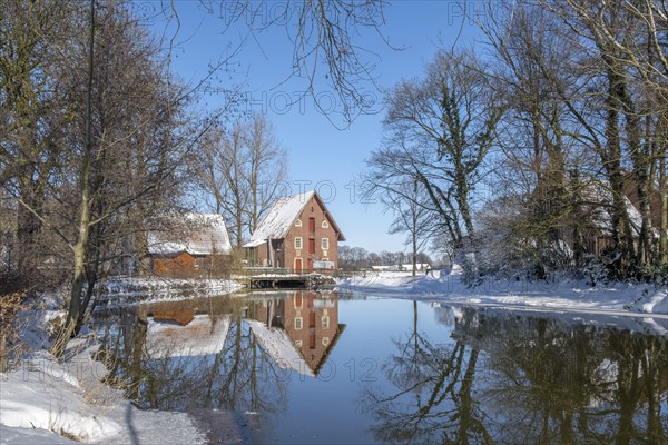 Historic water mill, Düstermühle on the river Dinkel, Legden, Münsterland, North Rhine-Westphalia,