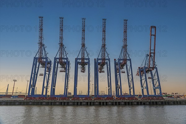 Tollerort container gantry cranes without ship, folded up, waiting, empty, ready, container port,