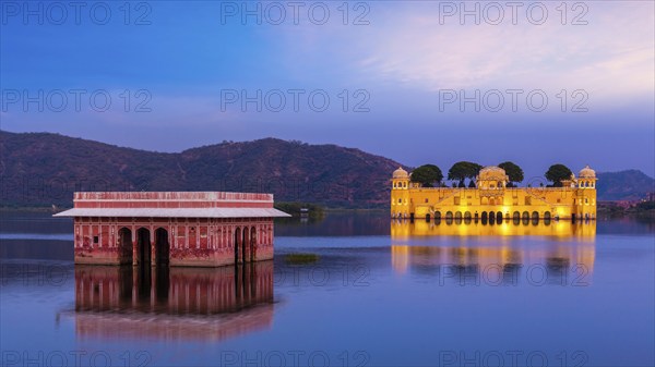 Panorama of Rajasthan landmark, Jal Mahal (Water Palace) on Man Sagar Lake in the evening in