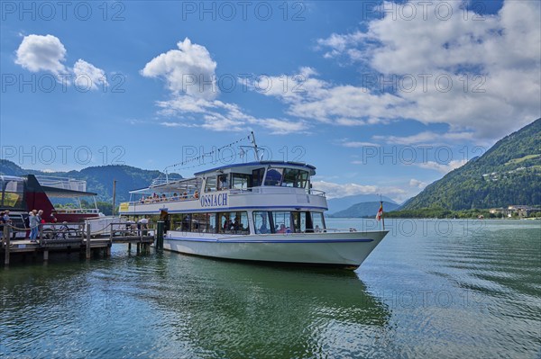 Lake shore, jetty, excursion boat, tourists, summer, Ossiach, Lake Ossiach, Carinthia, Austria,
