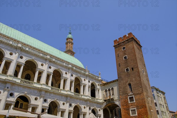 Piazza delle Erbe, with Basilica Palladiana, and Torre Bissara, Vicenza, Veneto, Italy, Europe