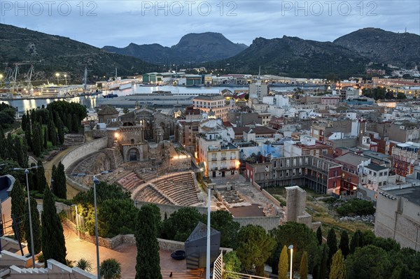 Teatro Romano, blue hour, Roman amphitheater, in the old town of Cartagena, Murcia region, Spain,