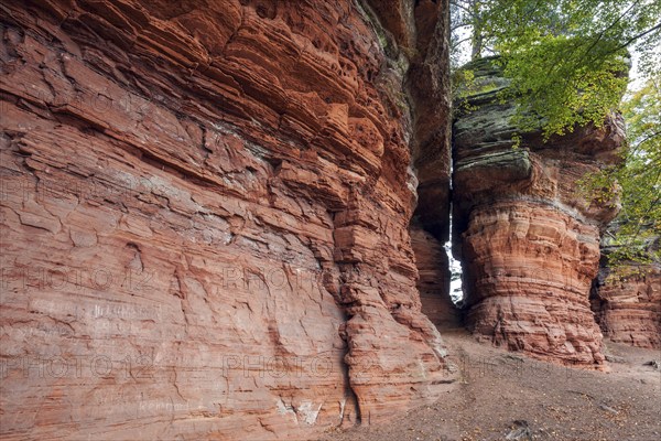 Old castle rock, red sandstone rock formation, natural and cultural monument, Brechenberg near