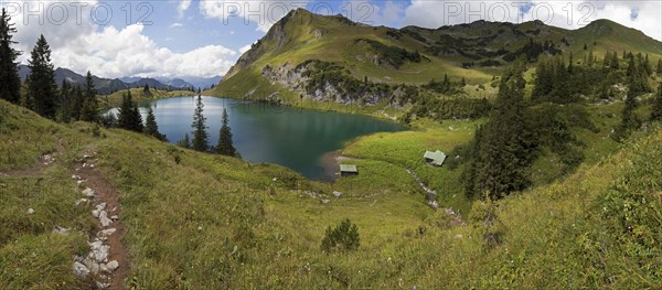 View of Seealpsee and Seeköpfel, Allgäu Alps, Nebelhorn, Oberstdorf, Oberallgäu, Allgäu, Bavaria,
