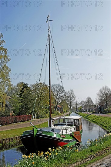 Flat-bottomed boat, Großefehn Canal, East Frisia, Germany, Europe