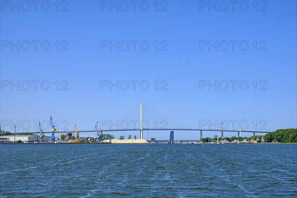Picturesque view along the Strelasund towards the New Rügen Bridge, Hanseatic City of Stralsund,