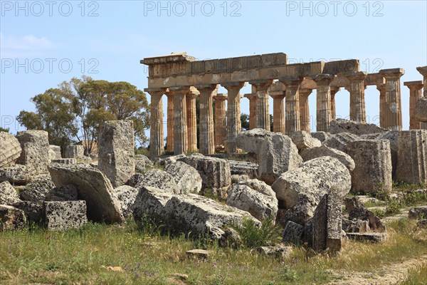 Selinunte, Temple E and tombs in the archaeological site of Selinunte, Trapani Province, Sicily,