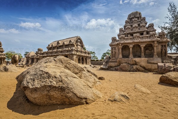 Five Rathas, ancient Hindu monolithic Indian rock-cut architecture. Mahabalipuram, Tamil Nadu,