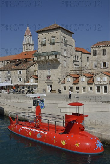Red semi-submarine in the harbor, old town, Unesco World Heritage Site, Trogir, Dalmatia, Croatia,