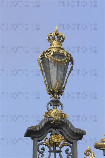 Golden lantern at the gate of Philippsruhe Castle, detail, Kesselstadt, Hanau, Hesse, Germany,
