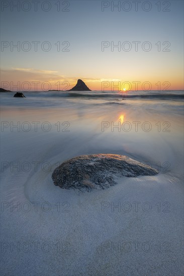 Sandy beach beach with island in the sea near Bleik, sunset, Andoya Island, Vesterålen, Northern