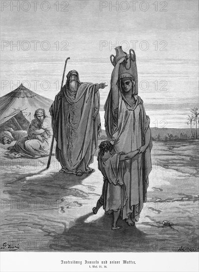 Bible, expulsion of Ishmael and his mother Hagar, Genesis, 21, 14, tent, people, expel, mourning,