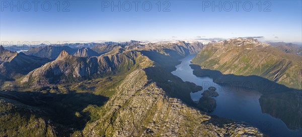 View from Seiskallåfjellet into the Nordfjorden and the surrounding mountains, Svartisen glacier in