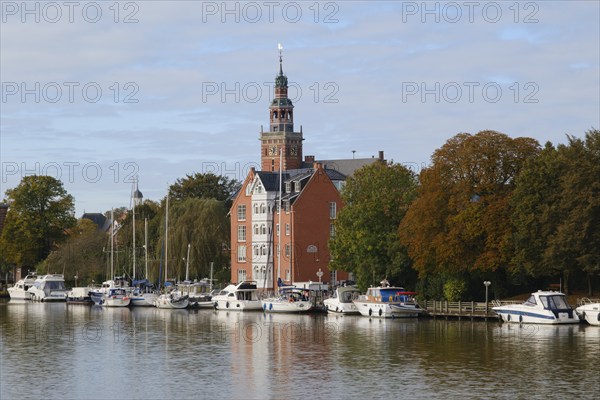 Boats at the leisure harbour on the river Leda, Leer, East Frisia, Lower Saxony, Germany, Europe