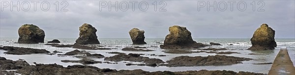 Sea stacks at the Plage des Cinq Pineaux at Saint-Hilaire-de-Riez, La Vendée, Pays de la Loire,