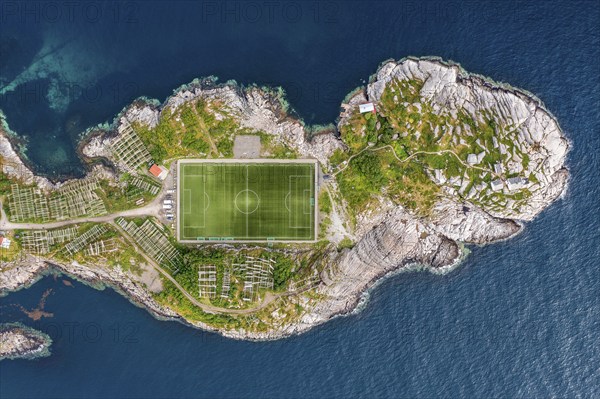 Aerial view, island with football pitch, Henningsvaer, Vestvågøy, Lofoten, Norway, Europe